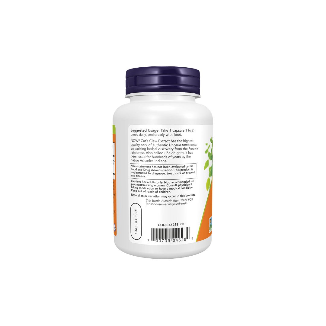 Rear view of a white Now Foods supplement bottle with label detailing suggested usage, ingredients including Cat's Claw Extract 334 mg, and company contact information.