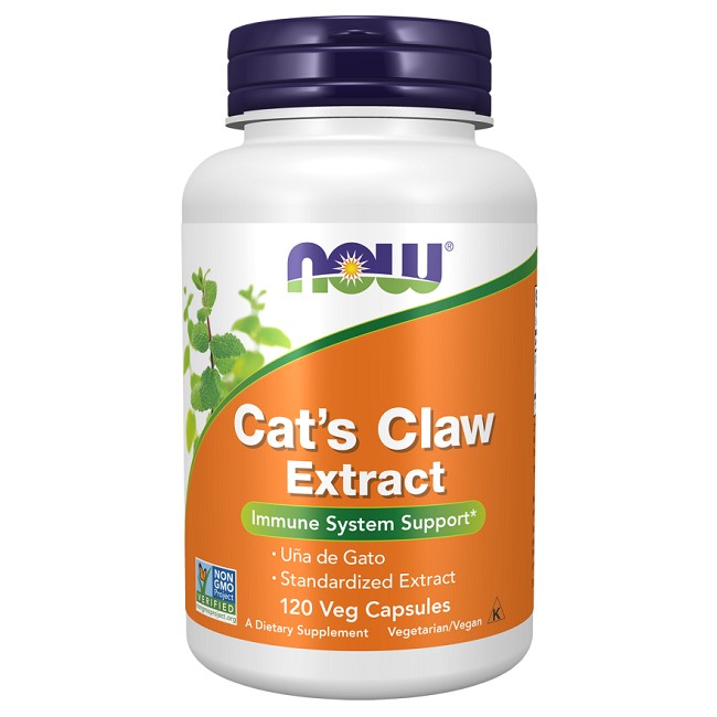 Bottle of Now Foods Cat's Claw Extract 334 mg 120 Veg Capsules dietary supplement, labeled for immune support.