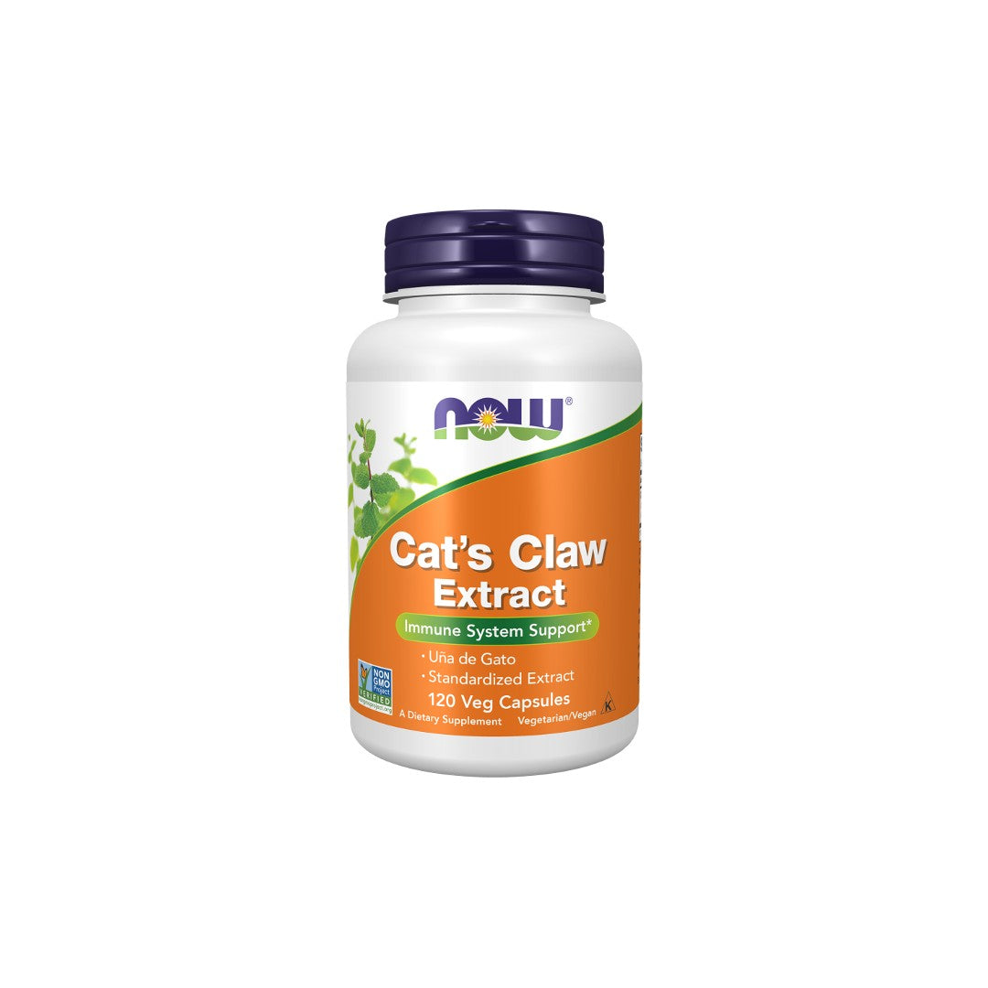 Bottle of Now Foods Cat's Claw Extract 334 mg supplement with 120 veg capsules, for immune system support and antioxidant properties.