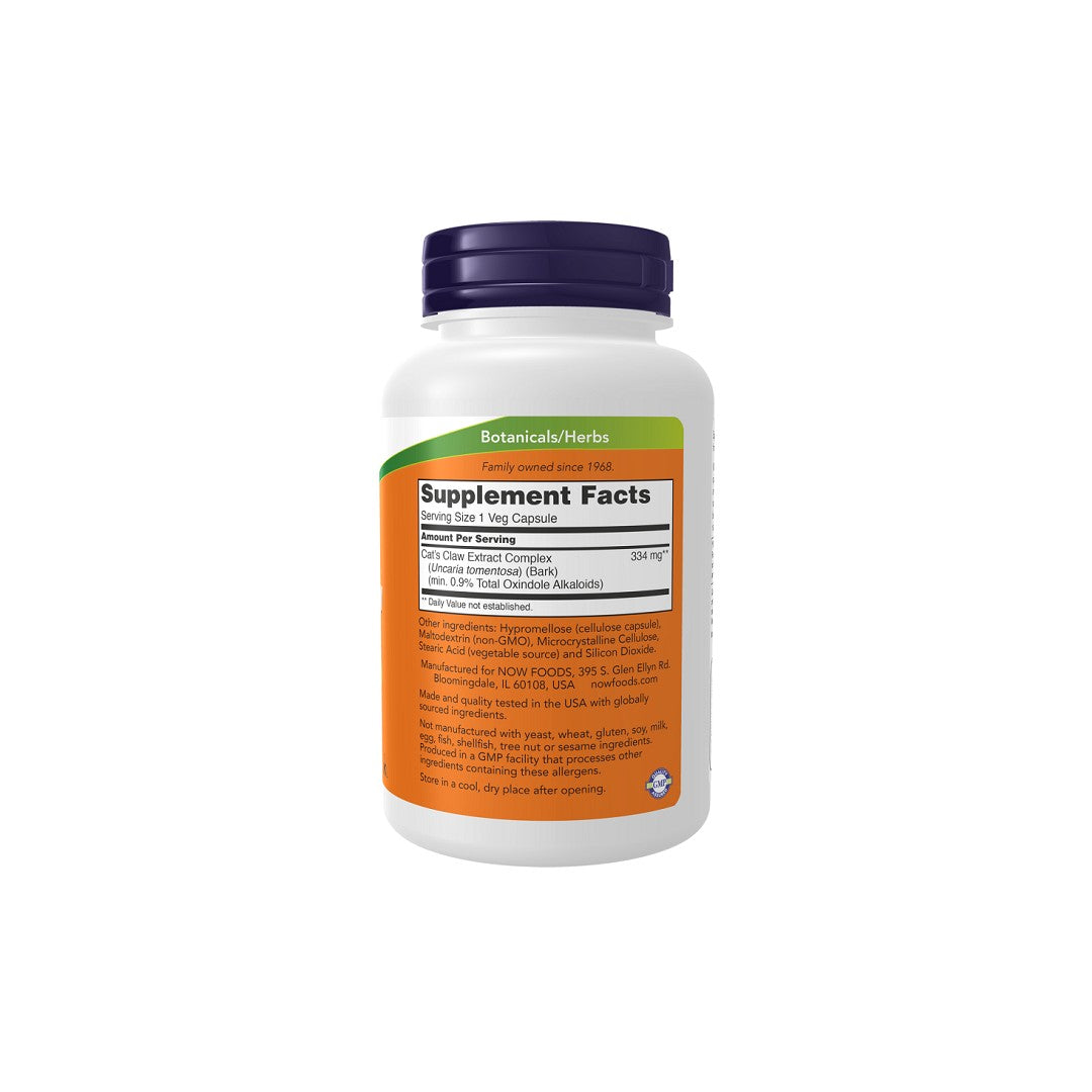 A container of Now Foods Cat's Claw Extract 334 mg dietary supplement with immune system support, featuring a white label detailing ingredients including Cat's Claw Extract and nutrition facts.