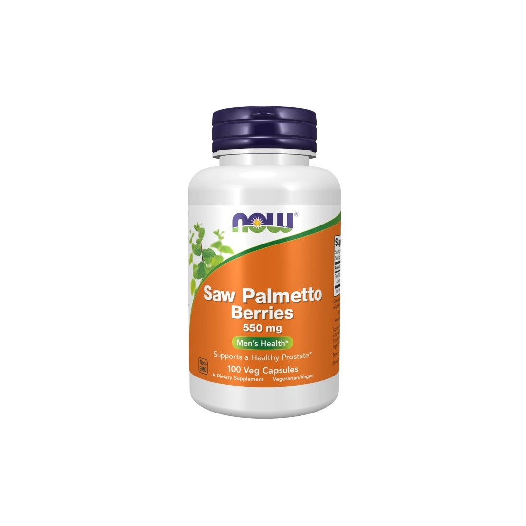 A white plastic bottle with a purple cap labeled "Saw Palmetto Berries 550 mg 100 Veg Capsules," targeting men's health and prostate support, is offered by the brand Now Foods. This supplement aims to enhance both prostate health and urinary tract function.