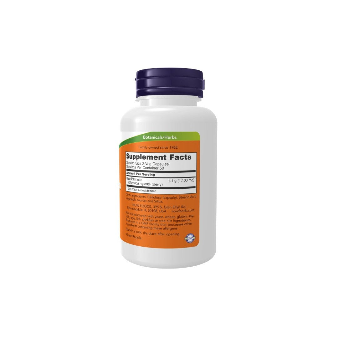 A white bottle with a purple cap and an orange label displaying supplement facts and ingredients for Now Foods' Saw Palmetto Berries 550 mg, 100 Veg Capsules dietary product that supports prostate health.