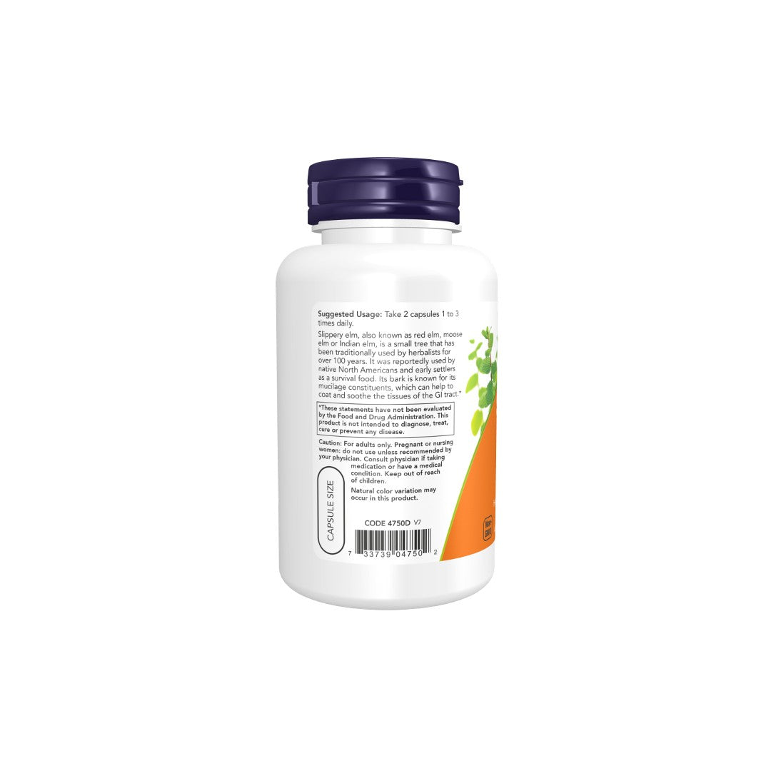 Image of a white supplement bottle with an orange label showing nutritional information and suggested usage instruction for Now Foods Slippery Elm 400 mg 100 Veg Capsules.