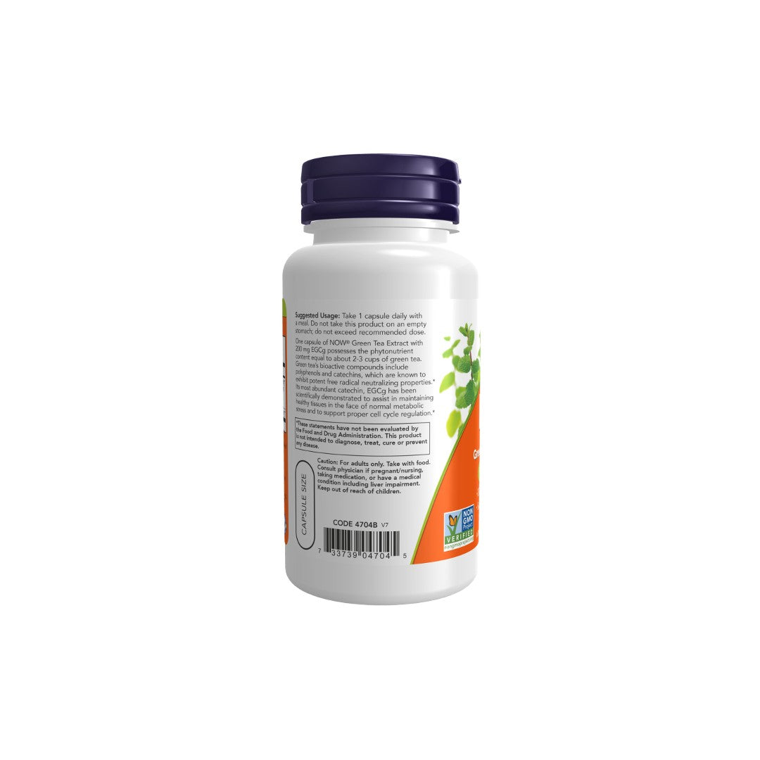 A Now Foods supplement bottle of EGCg Green Tea Extract 400 mg 180 Veg Capsules, with a white label, displaying usage instructions and ingredients, and adorned with a design of green tea leaves.