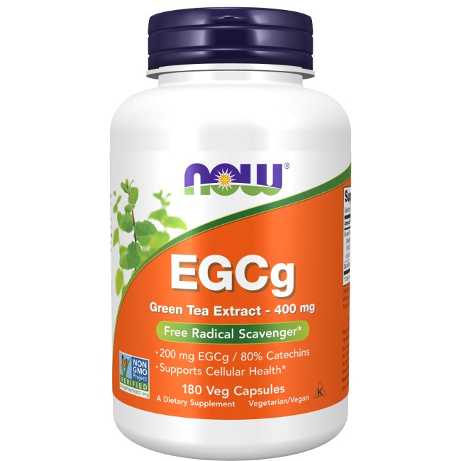 Bottle of Now Foods EGCg Green Tea Extract 400 mg 180 Veg Capsules, labeled as free radical scavengers, supporting cardiovascular support.