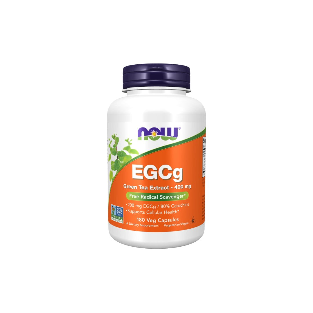 A bottle of Now Foods EGCg Green Tea Extract 400 mg dietary supplement with 180 veg capsules, highlighting its antioxidant and cardiovascular support properties.