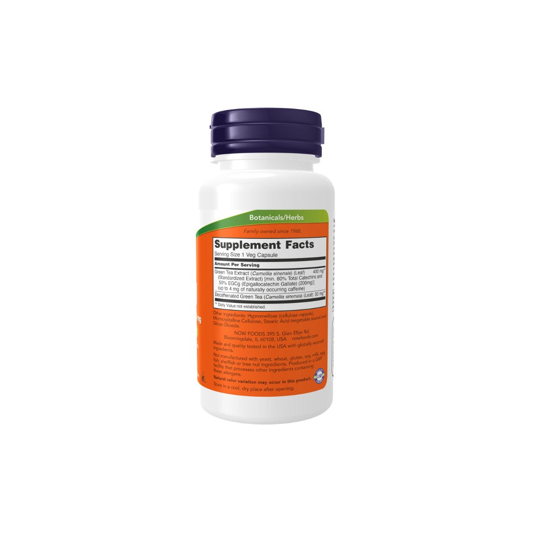 White supplement bottle with orange and green label displaying nutritional information and a brand logo named "Now Foods," featuring EGCg Green Tea Extract 400 mg for weight management.