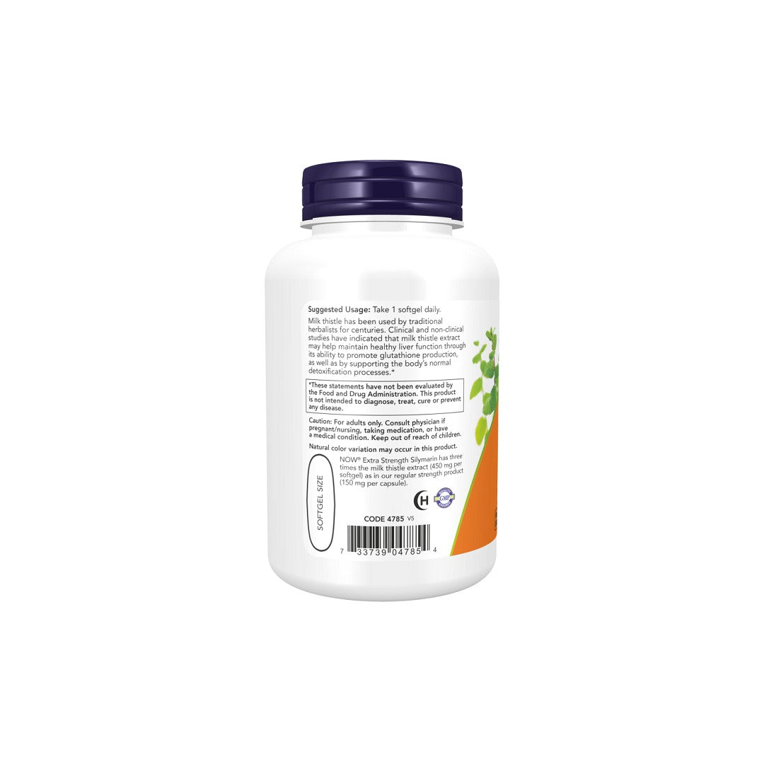 A bottle of Now Foods Milk Thistle 450 mg Extra Strength 120 Softgels with an orange label showing usage instructions, ingredients, and a barcode.