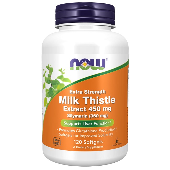 A bottle of Now Foods Milk Thistle 450 mg Extra Strength dietary supplements for liver health, containing 120 softgels.