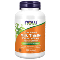 Thumbnail for A bottle of Now Foods Milk Thistle 450 mg Extra Strength dietary supplements for liver health, containing 120 softgels.