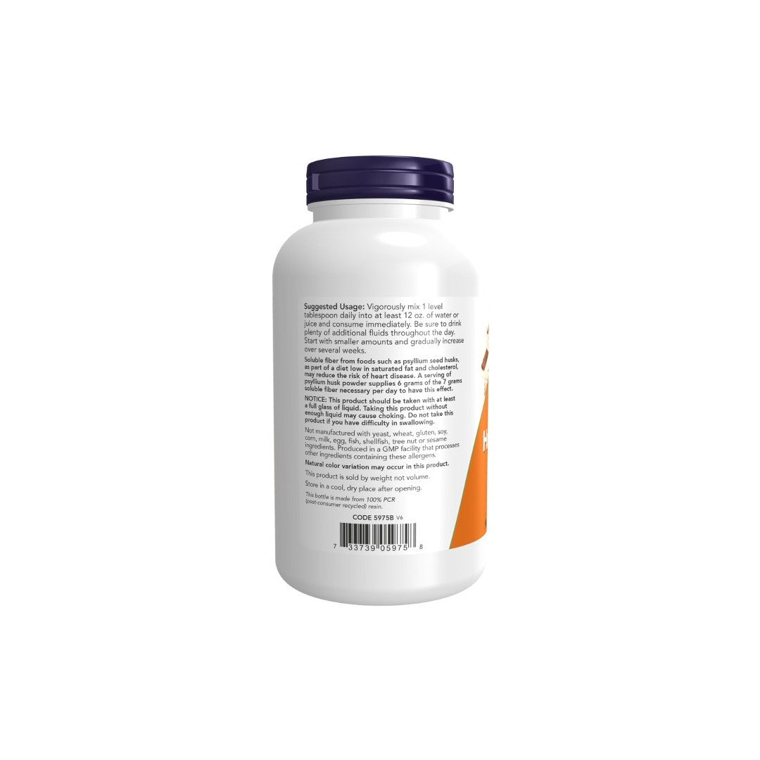 White supplement bottle with purple lid displaying detailed label information including suggested usage and ingredients for Psyllium Husk Powder 12 oz. (340 g), a dietary fiber supplement by Now Foods.