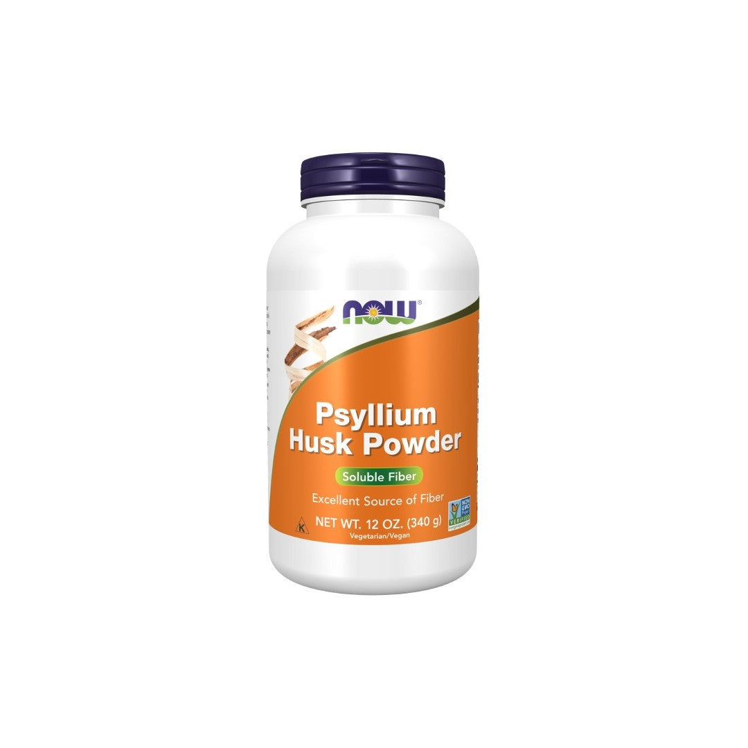 A bottle of Now Foods Psyllium Husk Powder 12 oz. (340 g) labeled as a dietary fiber supplement, white and orange design.