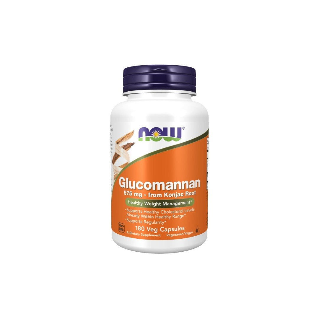 A bottle of Now Foods Glucomannan 575 mg, containing 180 vegetarian capsules made from Konjac root, is labeled for healthy weight management and digestive health.