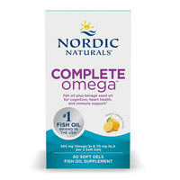 Thumbnail for A package of Nordic Naturals Complete Omega 565 mg, consisting of 60 soft gels that feature DHA and are designed to support cognition, heart, and immune health with a zesty lemon flavor.