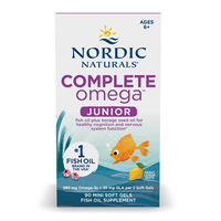 Thumbnail for Nordic Naturals Complete Omega Junior 283 mg fish oil supplement, designed for children aged 6 and up, comes in a box with a fish design and offers a lemon flavor. It is packed with Omega-3 fatty acids to support children's health, and includes 90 mini soft gels.