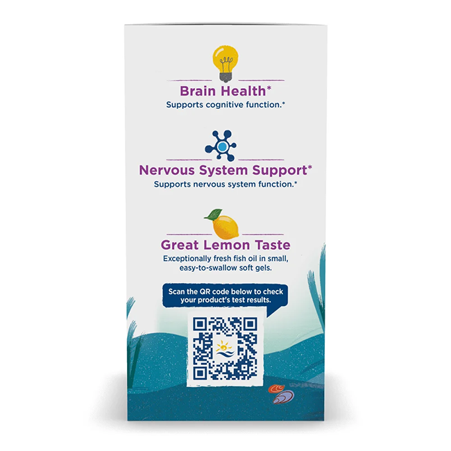 The packaging of Nordic Naturals' Complete Omega Junior 283 mg 90 Soft Gels highlights its support for brain health and the nervous system, enhanced with Omega-3 fatty acids to promote children's well-being. Enjoy a delicious lemon flavor, and scan the QR code for access to product test results.