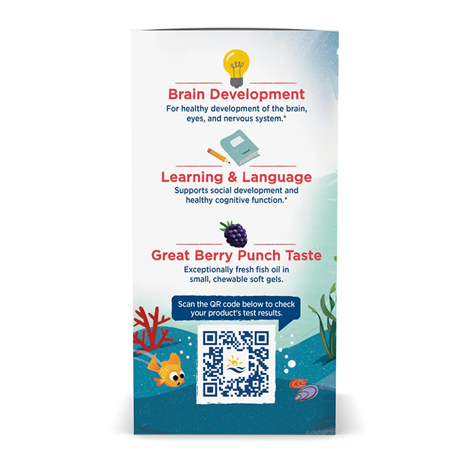 The promotional image emphasizes the advantages of this supplement, spotlighting omega-3 for brain development and learning support. The tasty berry flavor ensures that Nordic Naturals Children's DHA Xtra 636 mg 90 Mini Chewable Soft Gels are a favorite among kids. Scan the QR code below for product testing information.