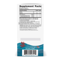 Thumbnail for The back of the Nordic Naturals Childrens DHA Xtra 636 mg box showcases supplement facts, an array of ingredients that are high in omega-3 fatty acids, and includes a barcode at the bottom.