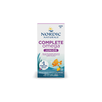 Thumbnail for Nordic Naturals' Complete Omega Junior 283 mg fish oil supplement, suitable for ages 6 and up, is enriched with essential Omega-3 fatty acids and available in a box featuring a fish graphic containing 180 mini soft gels.