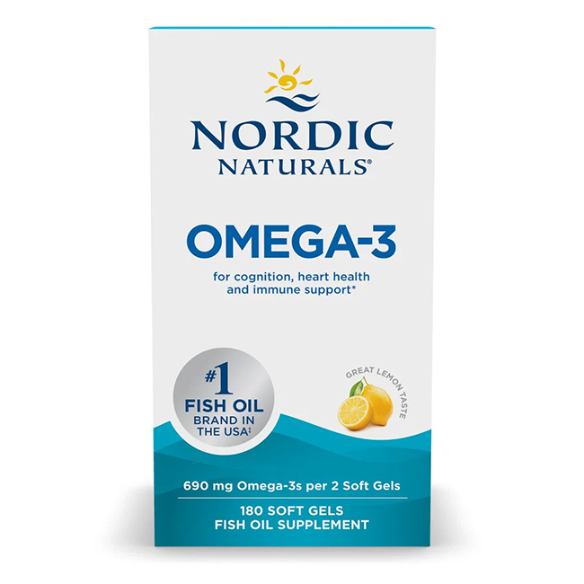 Nordic Naturals Omega-3 690 mg offers 180 soft gels with a refreshing lemon taste, providing a rich source of DHA and EPA.