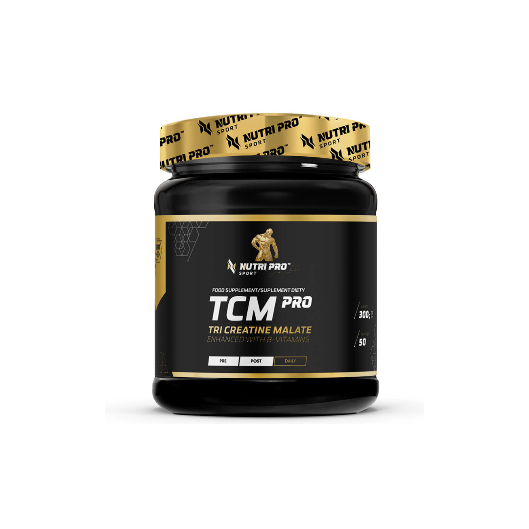 A 300g container labeled "TCM PRO" by Nutri Pro Sport, featuring tri creatine malate and B vitamins for muscle regeneration, comes in an orange flavor with a black and gold design.