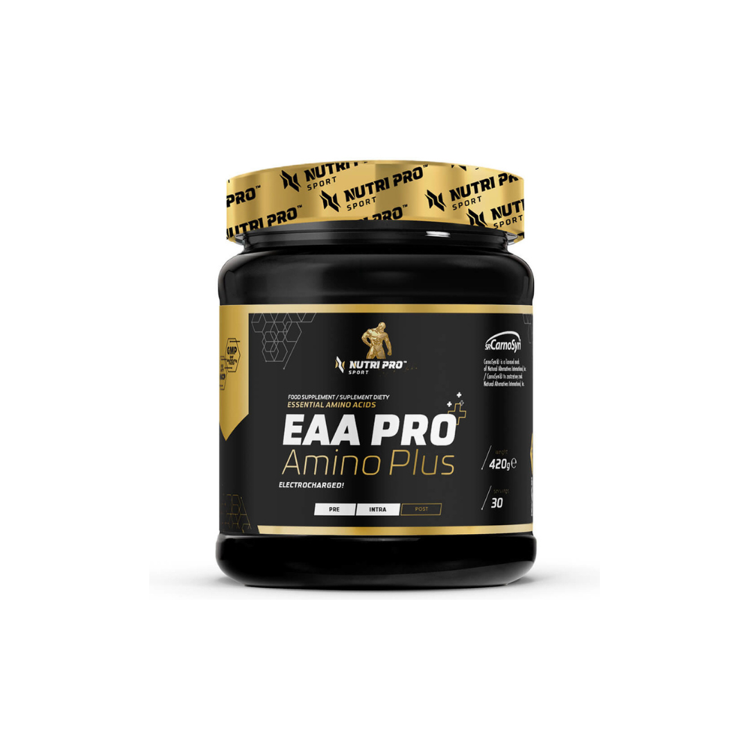 The EAA PRO Amino Plus 420g from Nutri Pro Sport, featuring an orange flavor and a black jar with vibrant yellow text and graphics, is packed with essential amino acids to support muscle regeneration for optimal performance.