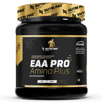 Thumbnail for Nutri Pro Sport's EAA PRO Amino Plus, weighing 420g, comes in a sleek black container with gold accents and is designed to support muscle regeneration through its potent blend of essential amino acids. Ideal for pre, intra, and post-workout use, it offers a delightful orange flavor.