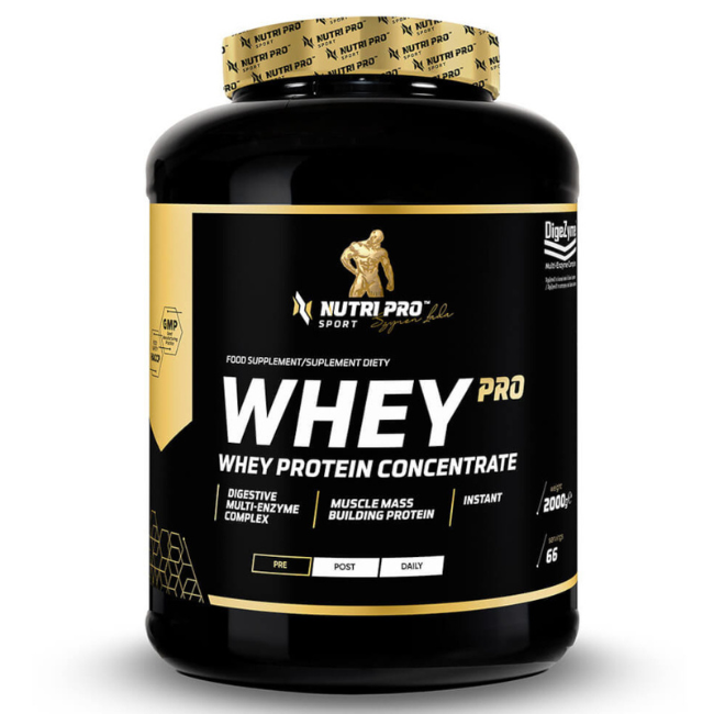 A jar of Nutri Pro Sport's Whey PRO, a chocolate-flavored whey protein concentrate weighing 2000g, featuring a sleek black and gold label that highlights benefits such as digestive enzymes and essential amino acids aimed at building muscle mass.