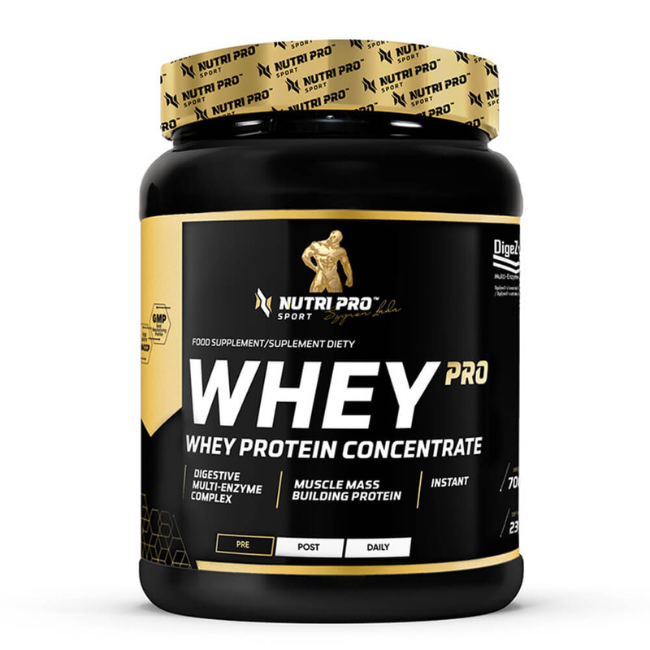 A black container of Whey PRO - Whey Protein Concentrate by Nutri Pro Sport, infused with amino acids and featuring a digestive enzyme complex for building muscle mass, offered in strawberry flavor.