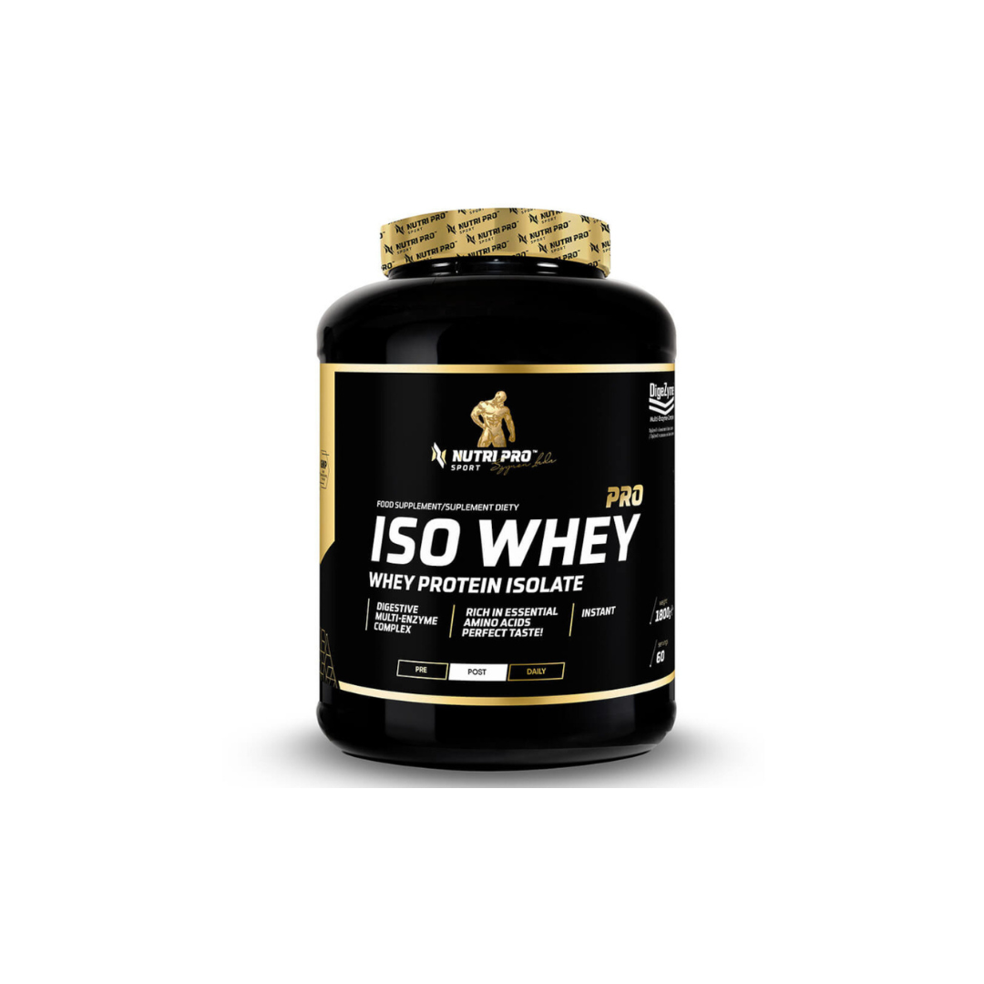 Nutri Pro Sport's Iso Whey PRO - Whey Protein Isolate 1800g, Cookie with Cream flavor, is packaged in a black container with gold and white labeling. It emphasizes muscle growth and recovery benefits and is infused with essential amino acids for optimal performance.