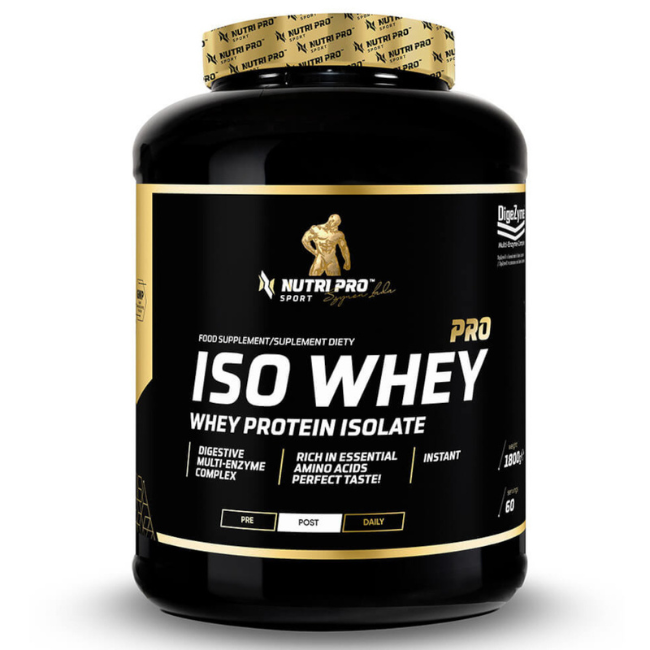 Nutri Pro Sport's Iso Whey PRO in Cookie with Cream flavour is presented in a black and gold container, offering 1800g of premium whey protein isolate. It includes a digestive enzyme complex and rich amino acids, ensuring instant preparation for optimal nutrition.