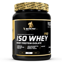 Thumbnail for A stylish black and gold Iso Whey PRO container from Nutri Pro Sport, featuring a high-quality whey protein isolate enriched with digestive enzymes and essential amino acids, perfect for enhancing performance, in a delectable Cookie with Cream flavor.