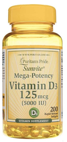 A bottle of Puritan's Pride Vitamins D3 5000 IU 200 Rapid Release Softgels, essential for bone growth and calcium absorption.