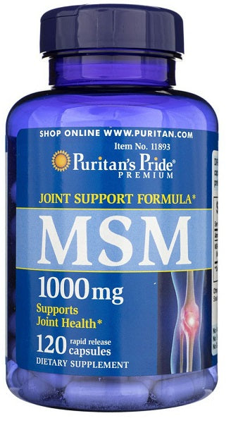 Eine Flasche Puritan's Pride MSM 1000 mg 120 schnell freisetzende Kapseln, die die Gesundheit des Bindegewebes und der Gelenke fördern.