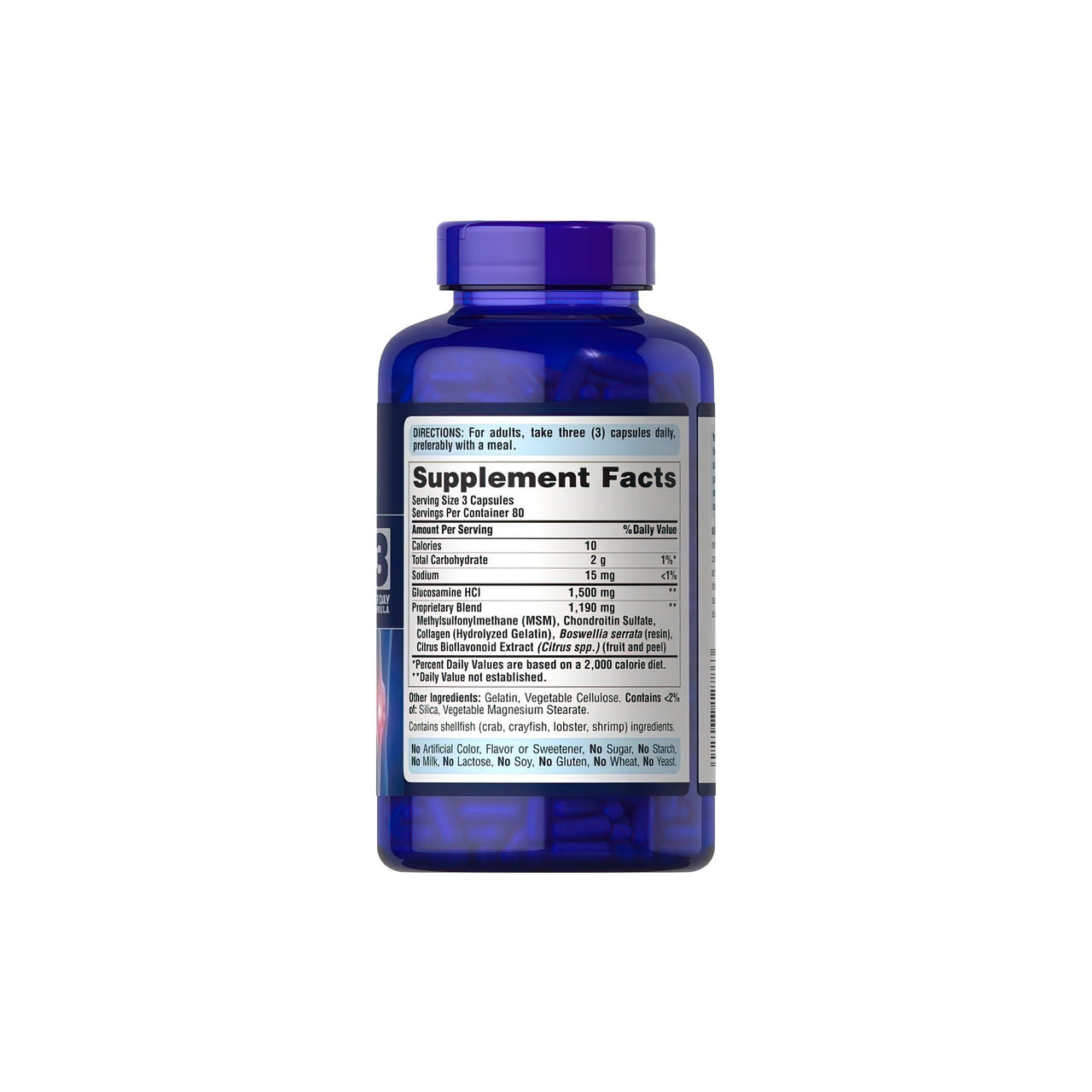 Eine Flasche Puritan's Pride Glucosamin Chondroitin MSM 240 Kapseln auf einem weißen Hintergrund.