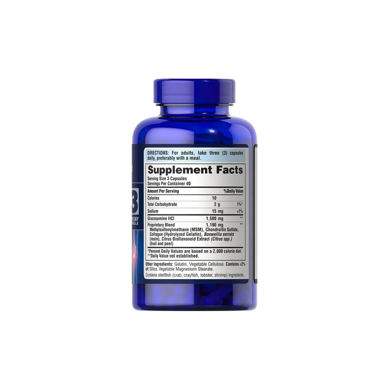 Eine Flasche Puritan's Pride Glucosamin Chondroitin MSM 120 Kapseln mit einem Etikett darauf.