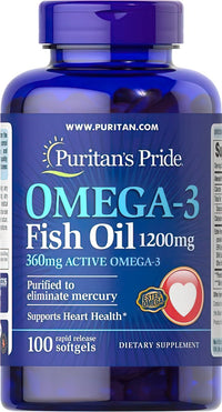 Vorschaubild für Puritan's Pride Omega-3 Fischöl 1200 mg (360 mg aktives Omega-3) 100 Softgel ist ein hochwertiges Nahrungsergänzungsmittel, das die kardiovaskuläre Gesundheit und die kognitiven Funktionen unterstützt.