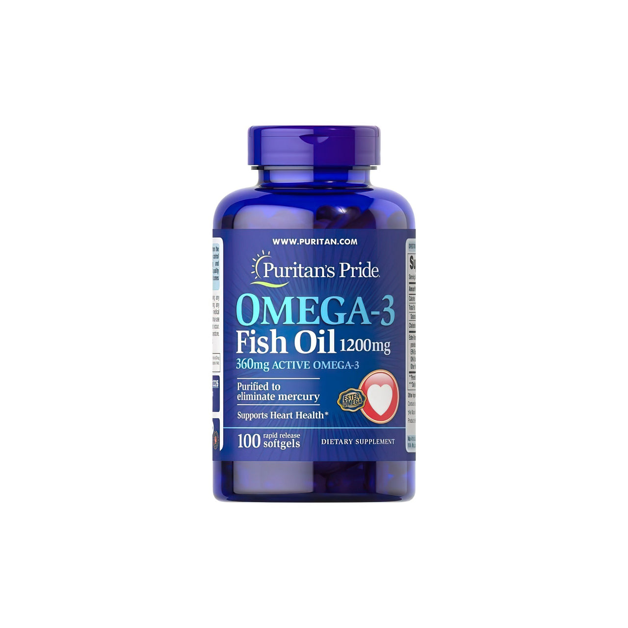 Ein Omega-3-Fischöl 1200 mg (360 mg aktives Omega-3) 100 Softgels von Puritan's Pride für kardiovaskuläre Gesundheit und kognitive Funktionen.