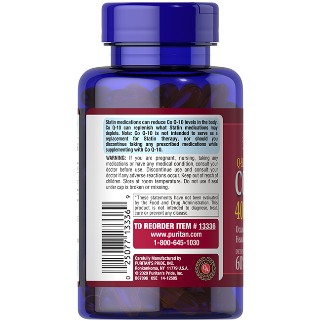 A blue bottle of Q-SORB™ CO Q10 400 mg by Puritan's Pride emphasizes its benefits in energy production and cardiovascular health, featuring a warning label regarding statin medications and dosage.