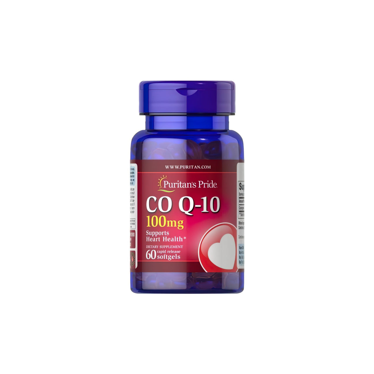 Eine Flasche Q-SORB™ Co Q-10 100 mg 60 schnell freisetzende Softgels von Puritan's Pride, ein Antioxidans, auf einem weißen Hintergrund.