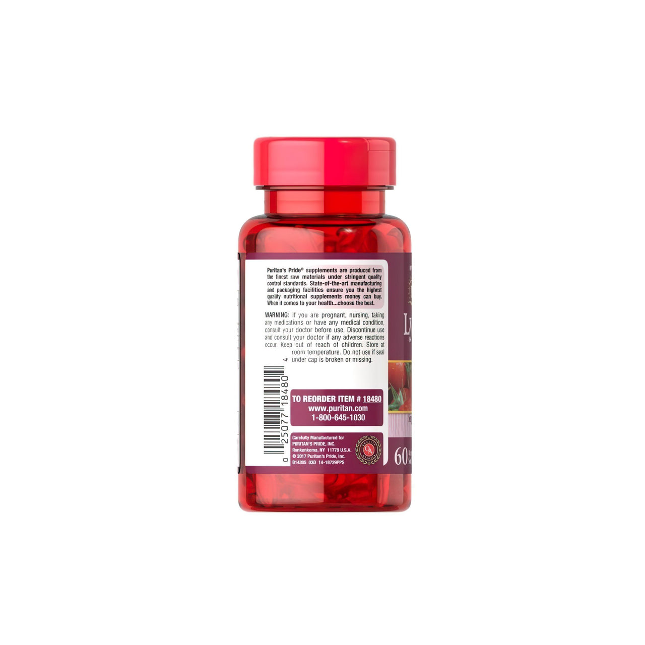 Eine Flasche Lycopin 40 mg 60 Rapid Release Softgels von Puritan's Pride auf einem weißen Hintergrund.