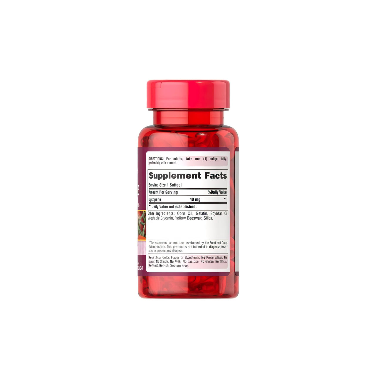 Eine Flasche Lycopin 40 mg 60 Rapid Release Softgels von Puritan's Pride auf einem weißen Hintergrund.