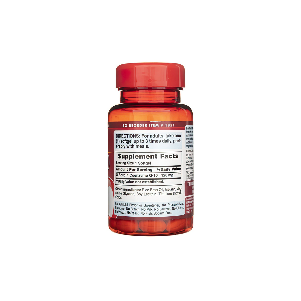Eine Flasche Puritan's Pride Coenzym Q10 - 120 mg 60 Rapid Release Softgels auf weißem Hintergrund.