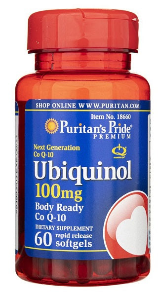 Puritan's Pride Ubiquinol CoQ10 100 mg 60 Rapid Release Softgels, a powerful CoQ10 supplement that supports cardiovascular strength.