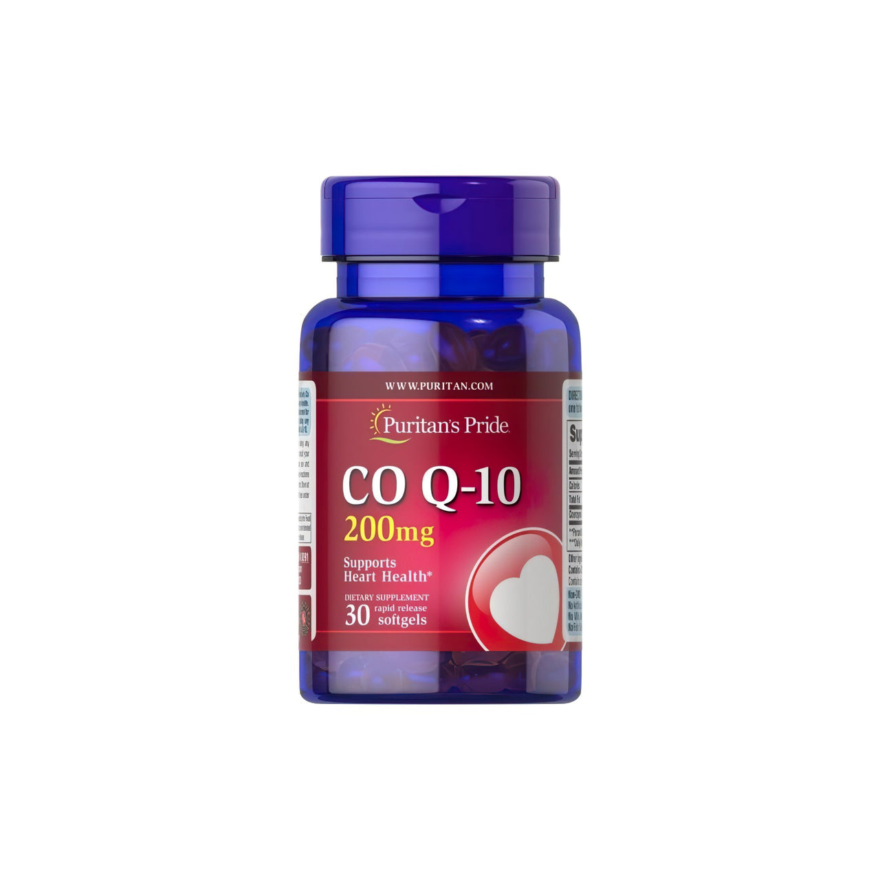 Eine Flasche Q-SORB™ Co Q-10 200 mg 30 schnell freisetzende Softgels von Puritan's Pride mit weißem Hintergrund, vollgepackt mit Antioxidantien zur Steigerung des Energieniveaus und zur Stärkung des Immunsystems.