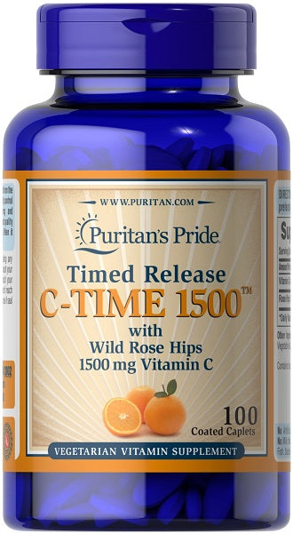 Puritan's Pride Vitamin C-1500 mg with Rose Hips Timed Release 100 caps is a vitamin C supplement enriched with rosehips for boosting the immune system.