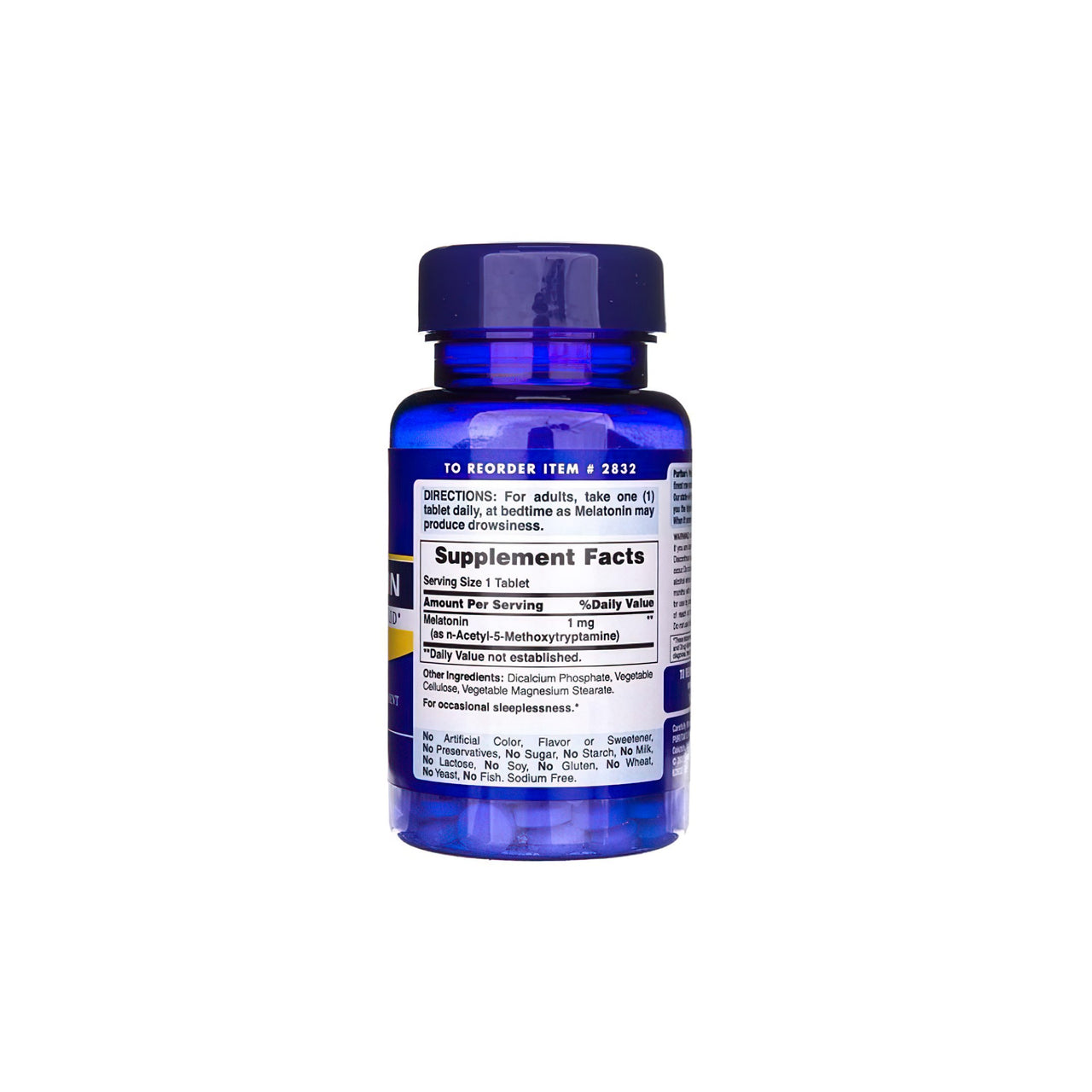 Eine Flasche Puritan's Pride Melatonin 1 mg 90 Tabletten auf einem weißen Hintergrund.