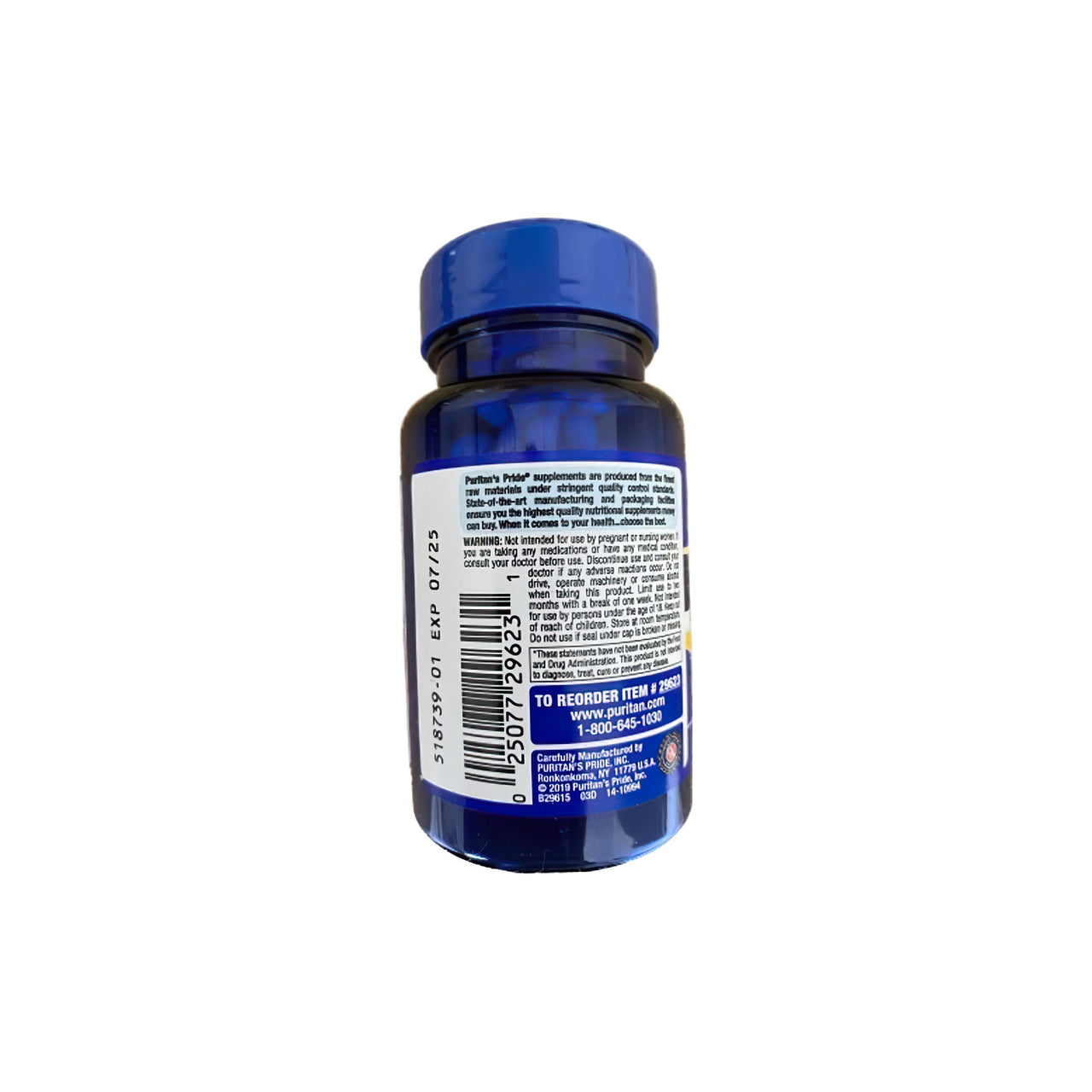 Eine Flasche Puritan's Pride Extra Strength Melatonin 5 mg 60 schnell freisetzende Weichkapseln auf weißem Hintergrund.