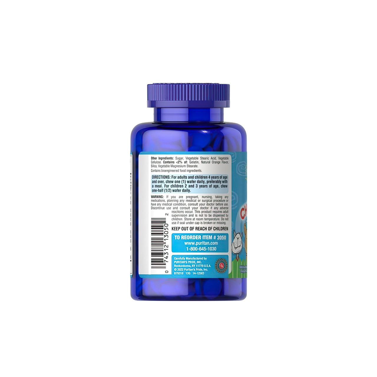 Die Rückseite einer blauen Flasche PRE- Vites Chlidren's Multivitamin 100 Kauwaffeln, mit wichtigen Vitaminen von Puritan's Pride.