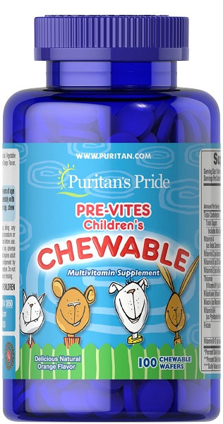 Eine Flasche Pre- Vites Multivitamin für Kinder 100 Kauwaffeln, vollgepackt mit wichtigen Vitaminen, Puritan's Pride.